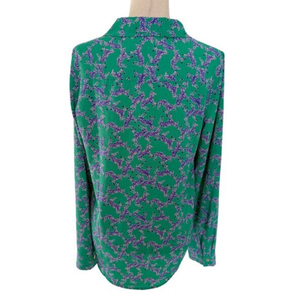 Lilly Pulitzer Green Blue Zebra Print Collared Button Down Blouse Shirt Top Sz M - Picture 4 of 9